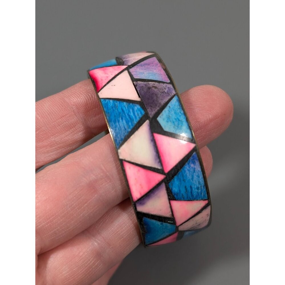 Vintage Brass Blue Pink Triangle Inlay Bangle Bracelet Tribal Boho small - Picture 5 of 9